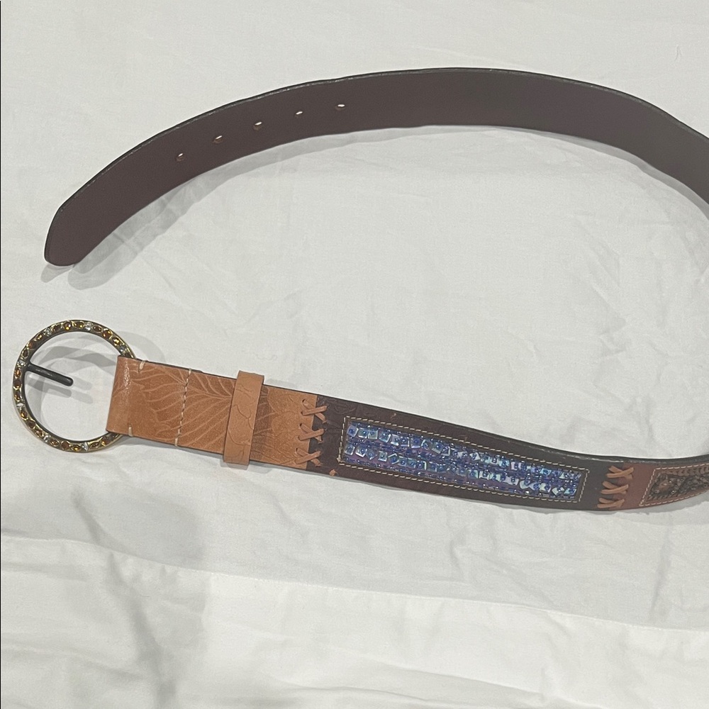 Chico's Tan and Blue Embellished Belt